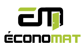 Logo Économat stylisé en noir et vert, pour le spécialiste en lambris, moulures et planchers à Saint-Joseph-de-Beauce, Québec.