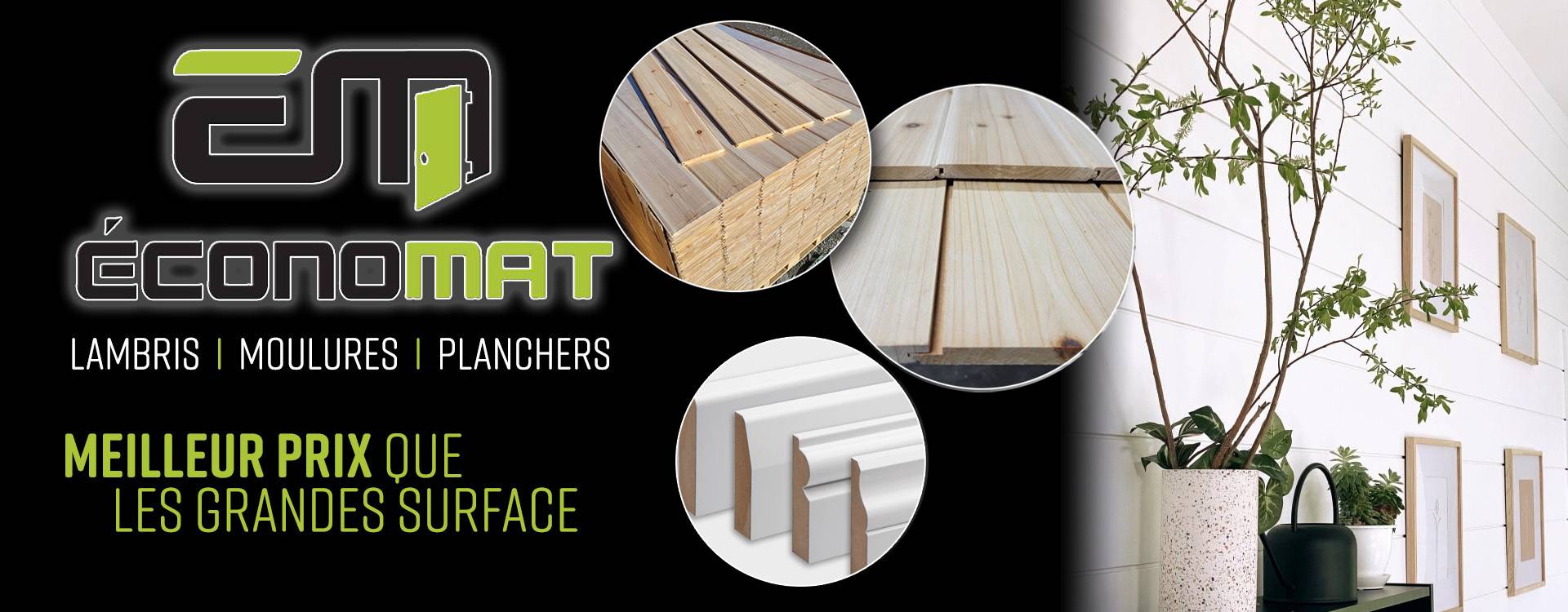 Image promotionnelle montrant le logo Économat, des photos en médaillons de lambris en bois, de moulures blanches et de planches de plancher, et un mur intérieur habillé de lambris blanc avec plantes et cadres.